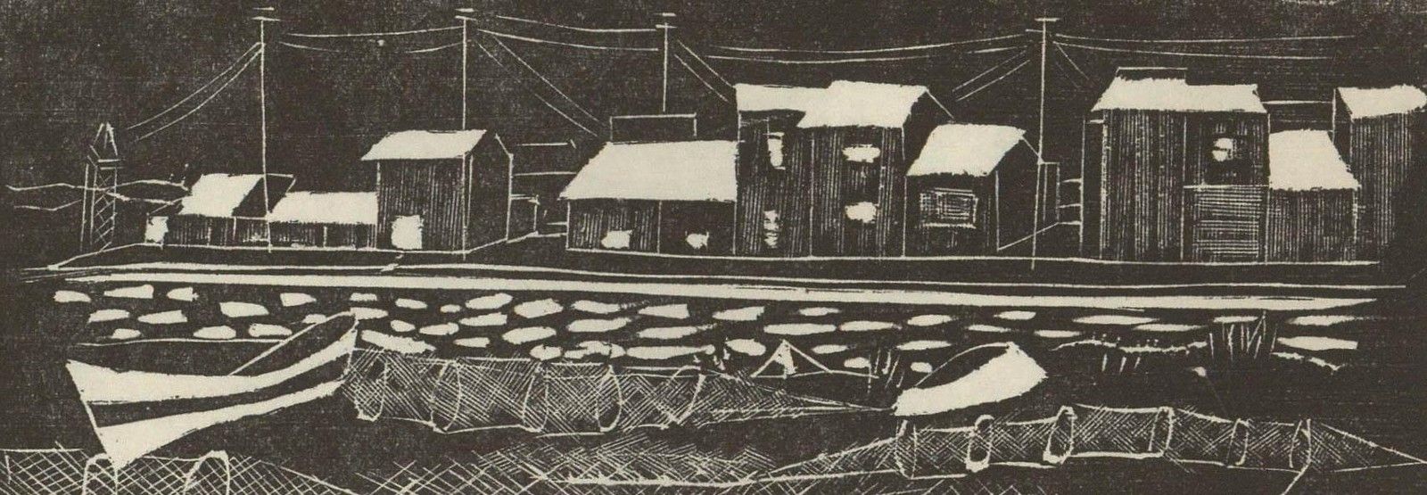 Albert Masri (1927 2020) Mid 20th Century Woodcut, Boats And Nets photo furniture