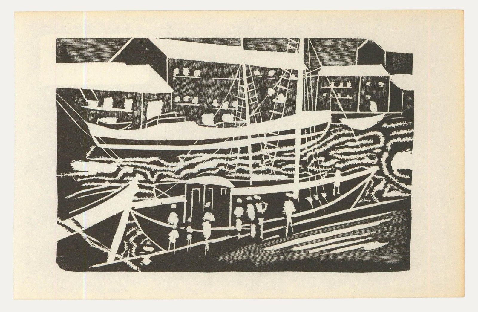 Albert Masri (1927 2020) Mid 20th Century Woodcut, Workers By The Waves