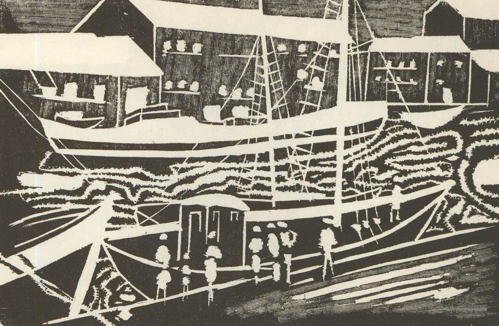 Albert Masri (1927 2020) Mid 20th Century Woodcut, Workers By The Waves photo furniture