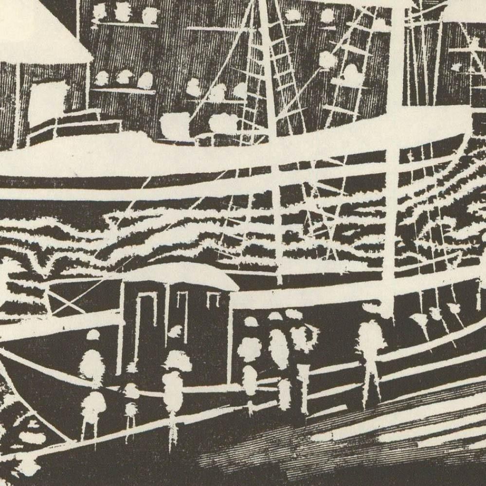 Albert Masri (1927 2020) Mid 20th Century Woodcut, Workers By The Waves photo for sale