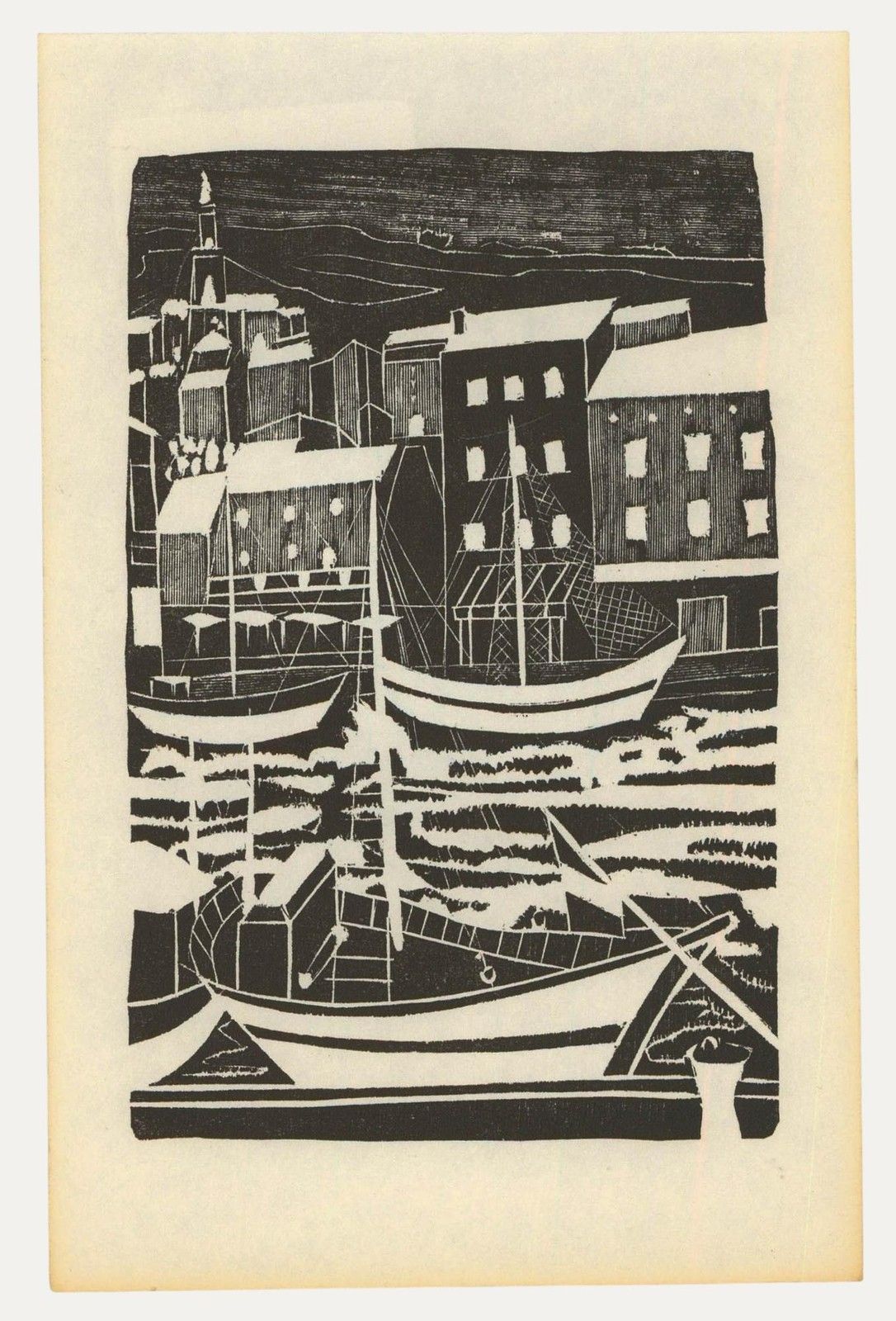 Albert Masri (1927 2020) Mid 20th Century Woodcut, Watching The Boats Go By