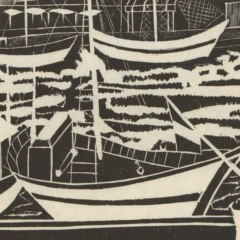 Albert Masri (1927 2020) Mid 20th Century Woodcut, Watching The Boats Go By photo for sale