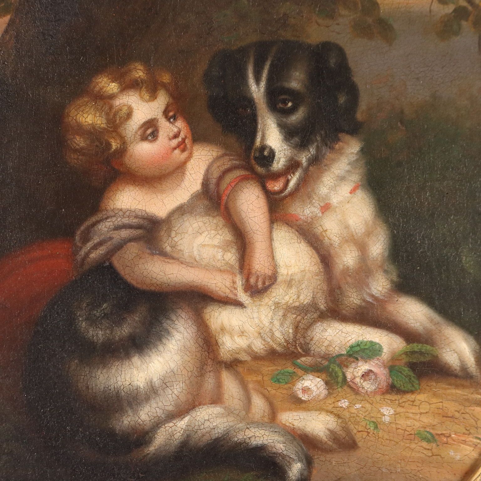 Antique Painting Little Girl With Dog Oil On Canvas XIX Century photo for sale
