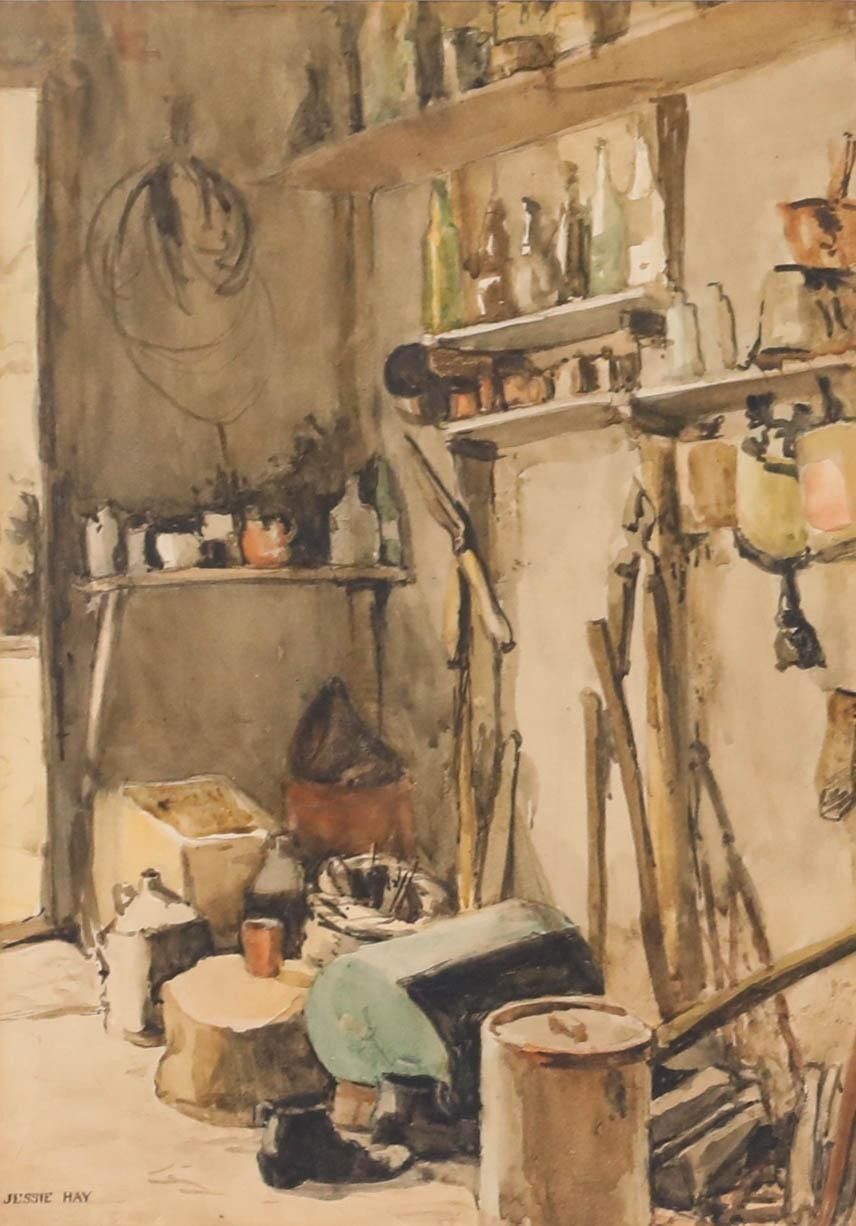 Jessie Hay Framed Mid 20th Century Watercolour, Shed Interior II photo furniture