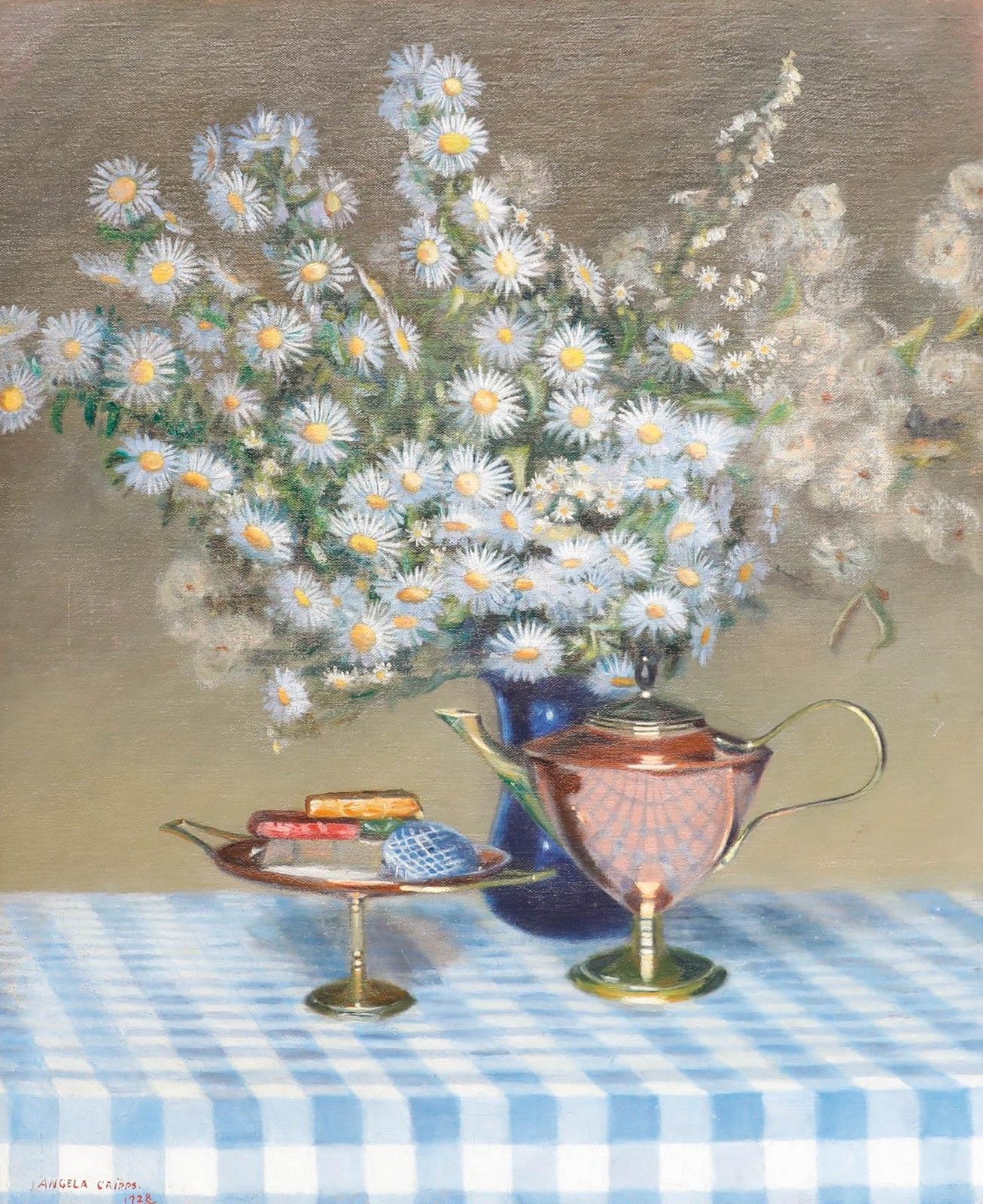 Angela Cripps Framed 20th Century Oil, Still Life Of Blue Asters photo furniture