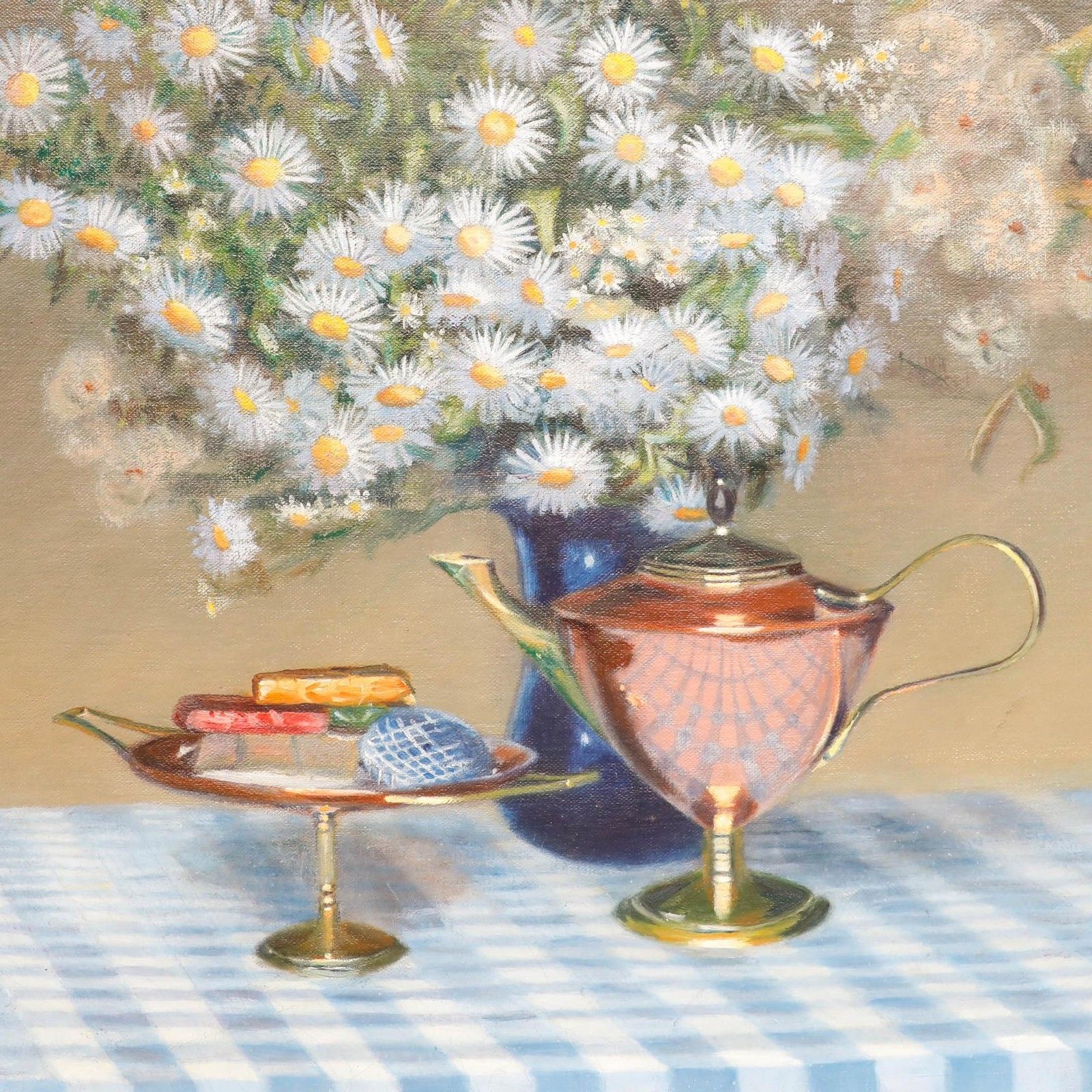 Angela Cripps Framed 20th Century Oil, Still Life Of Blue Asters photo Art