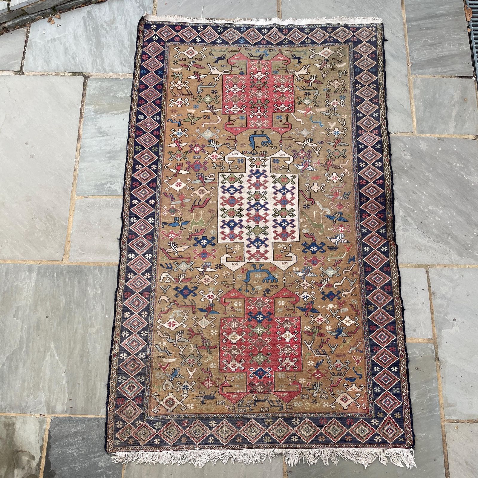 Vintage Wool Rug Handwoven Thin Weave Geometric Design Rectangle Middle Eastern Carpet Handmade Boho Area Rug Tassels Brown Red photo for sale