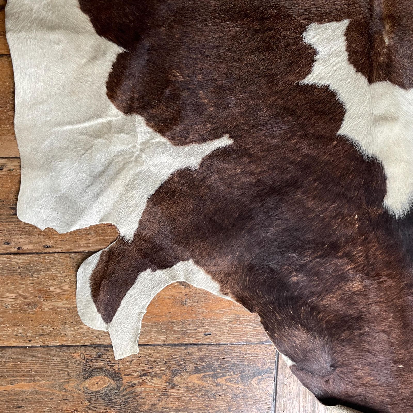 Natural Brown White Cowhide Rug Genuine Leather Unusual Shape Farmhouse Rustic Boho Western Style Floor Mat Large Hide Home Accent photo vintage