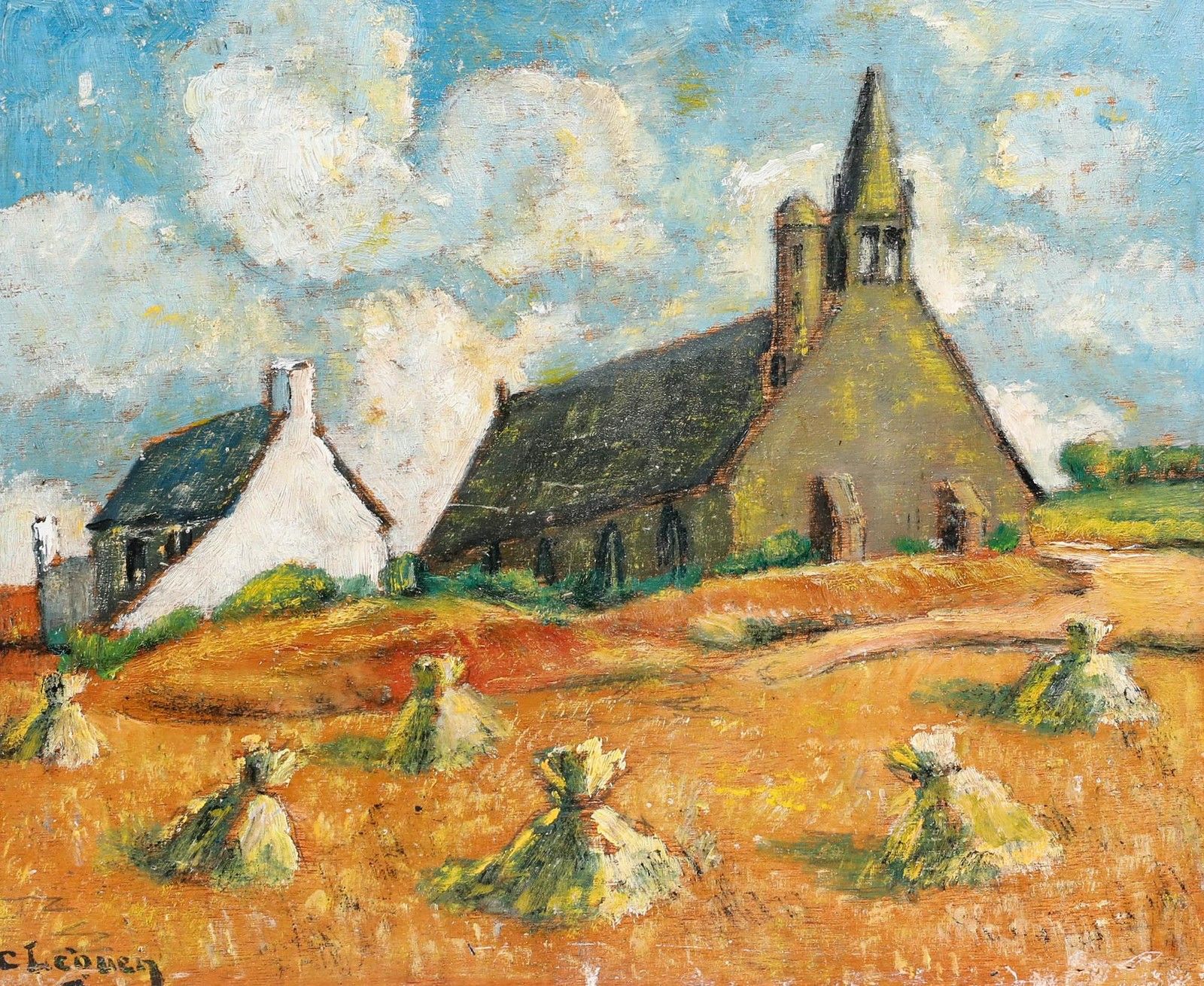 C. Leguen Breton School Mid 20th Century Oil, Harvest Near The Chapel photo furniture