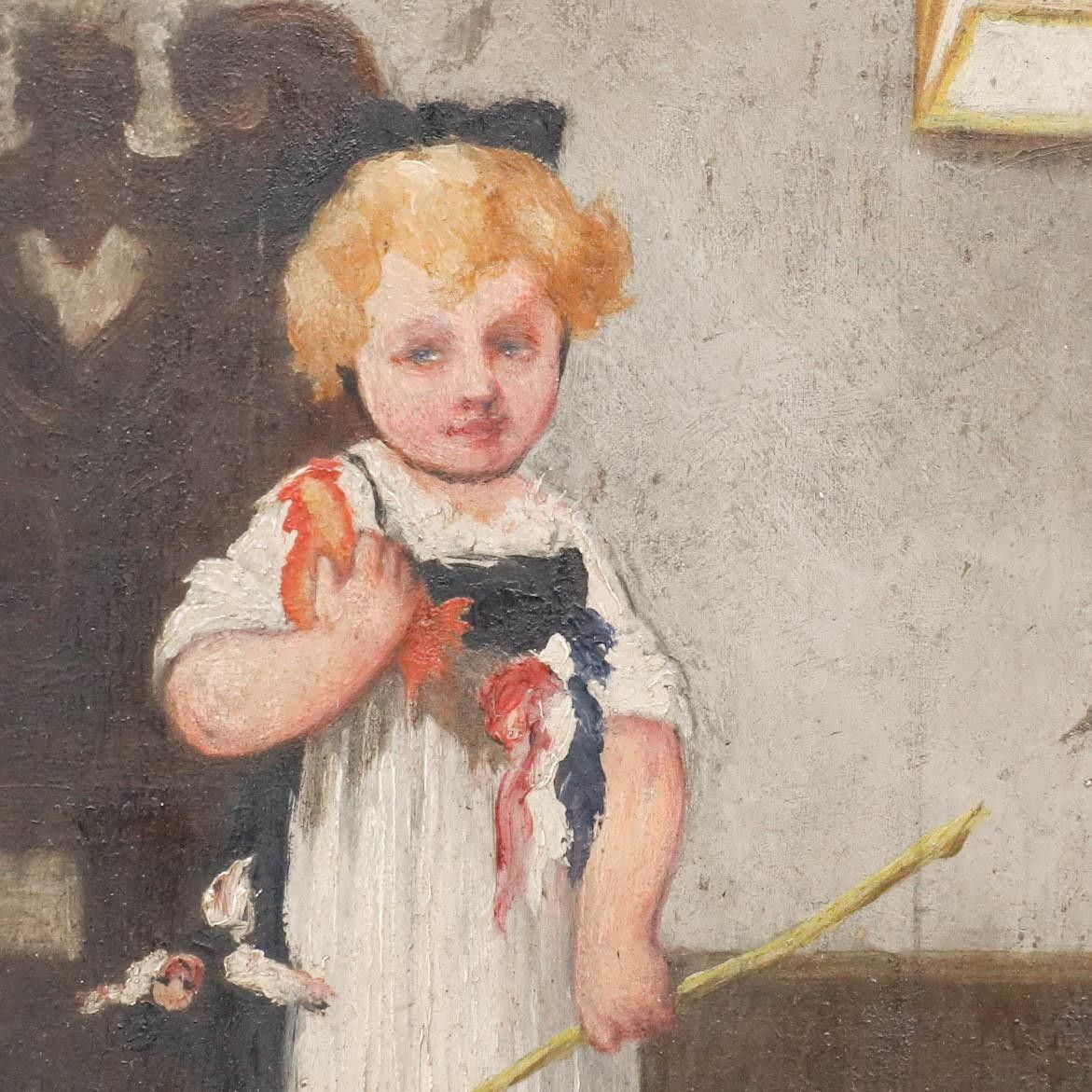 19th Century Oil Child With A Rooster And Branch photo Art