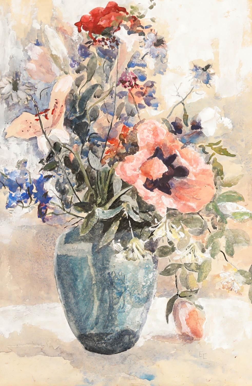 Elizabeth Leach 20th Century Watercolour, Still Life Of Flowers In A Vase photo furniture