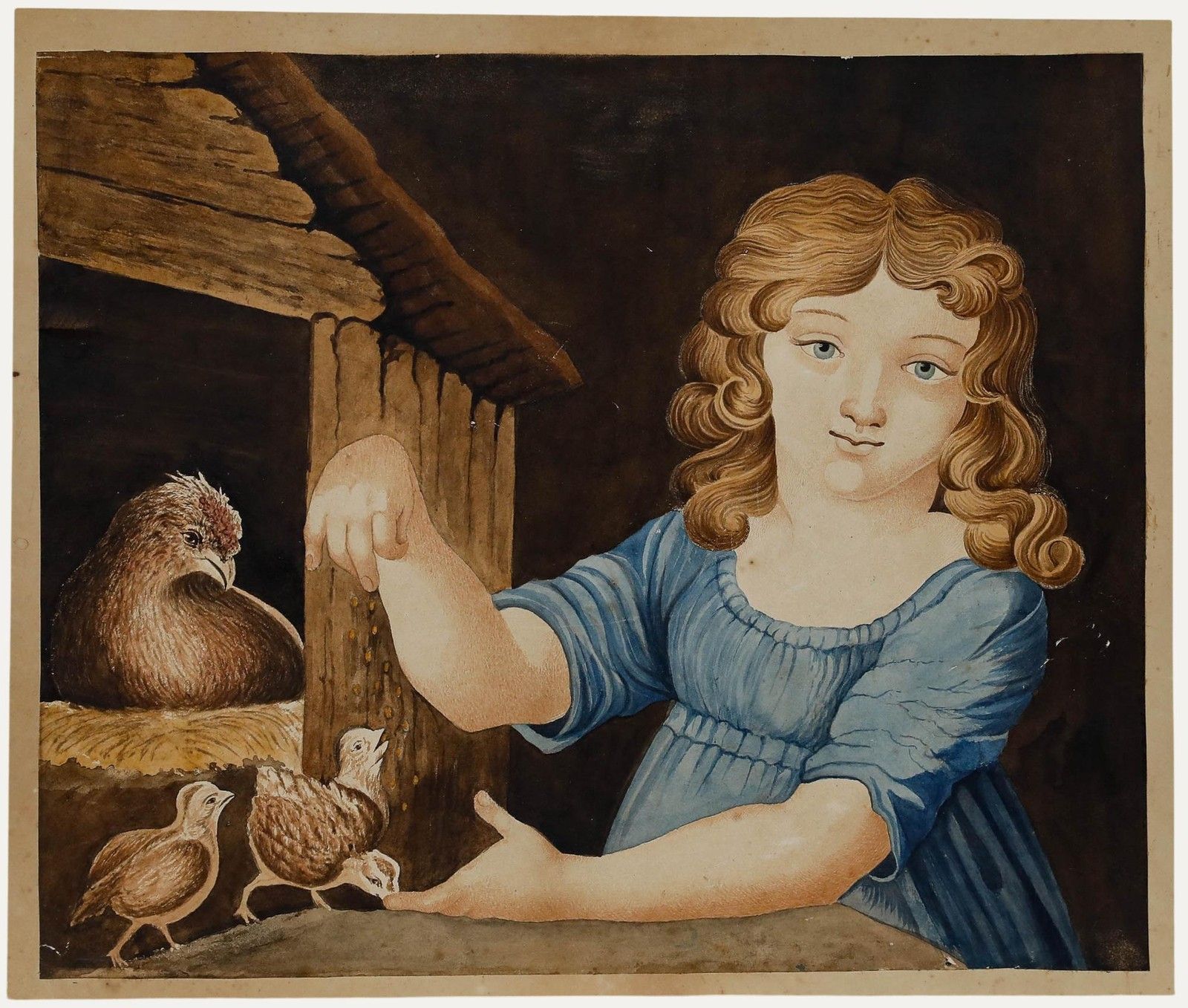 Early 19th Century Watercolour Girl Feeding Chicks