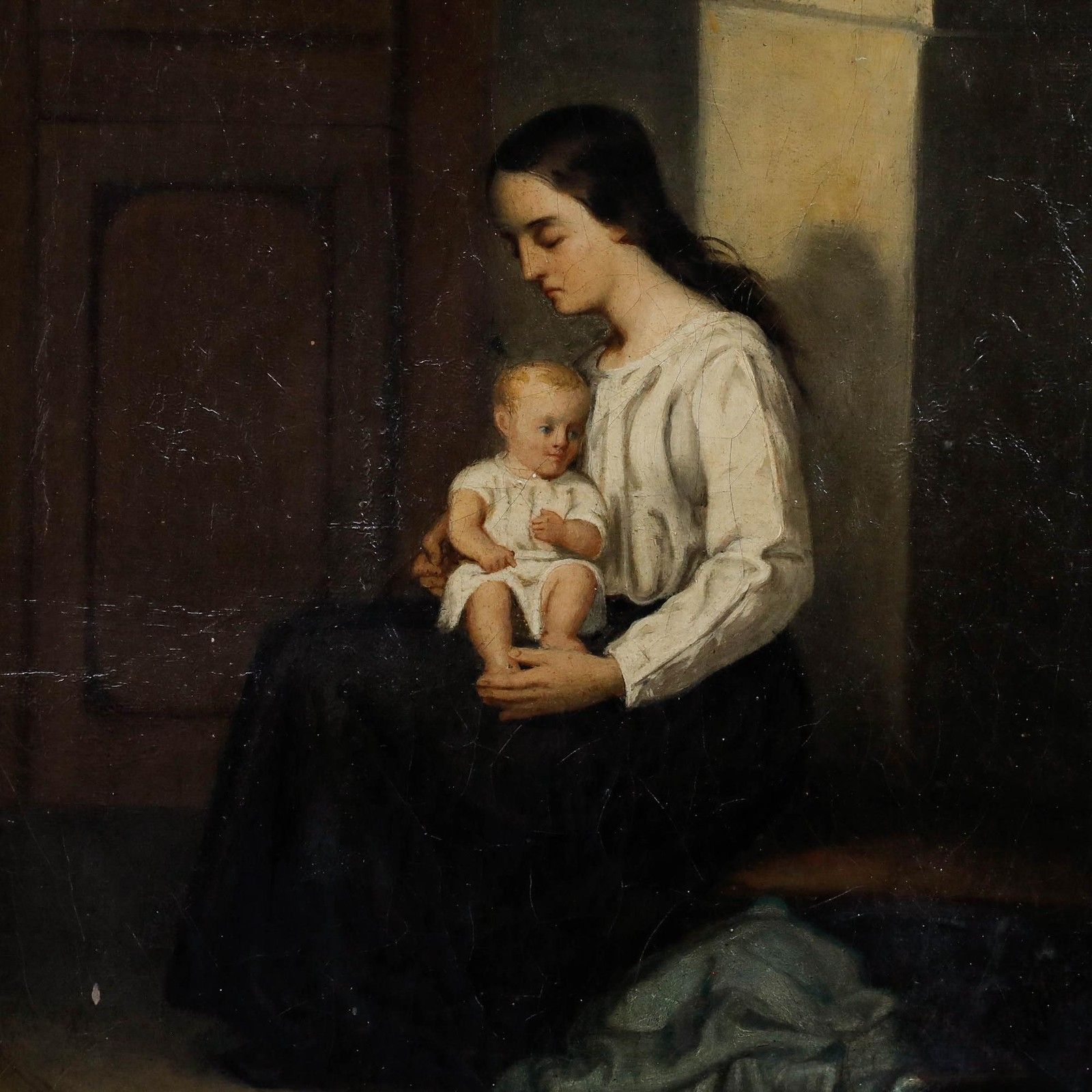 Framed 1853 Oil Young Mother And Child photo Art