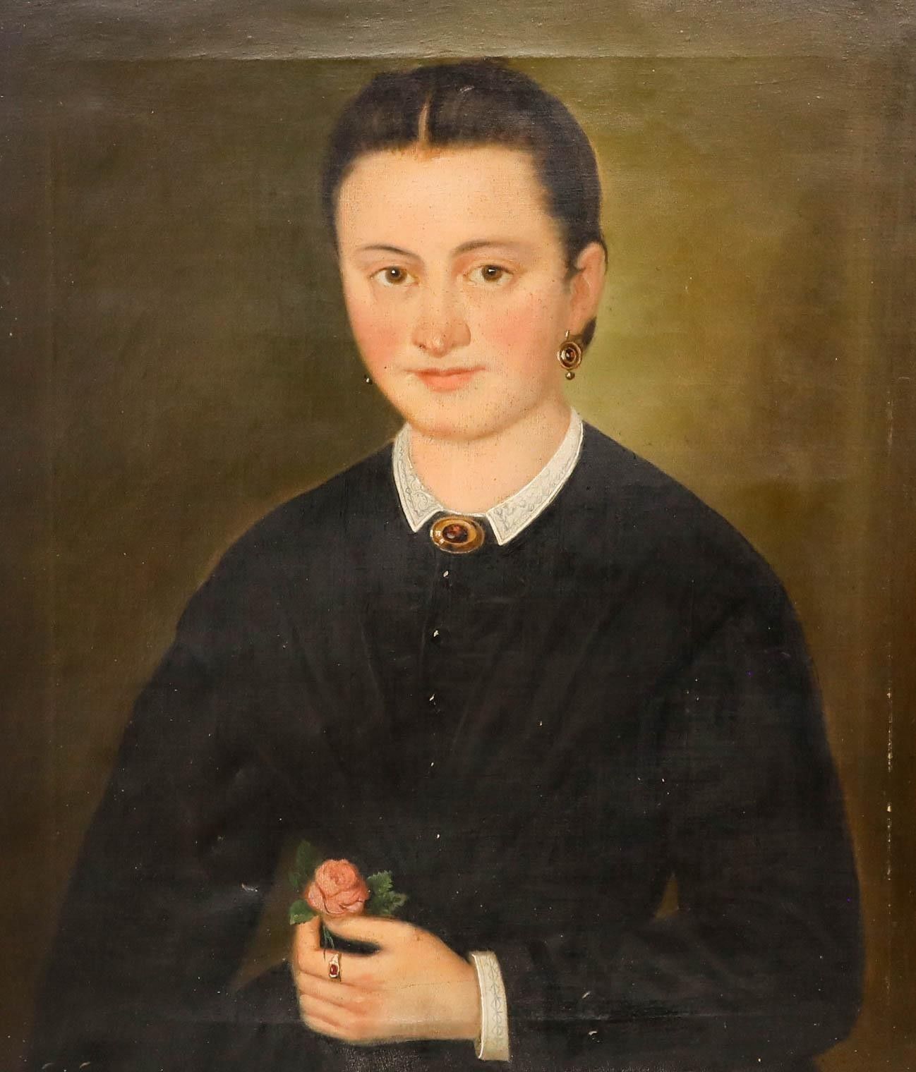 Fine 19th Century Oil Portrait Of A Lady With A Rose photo furniture