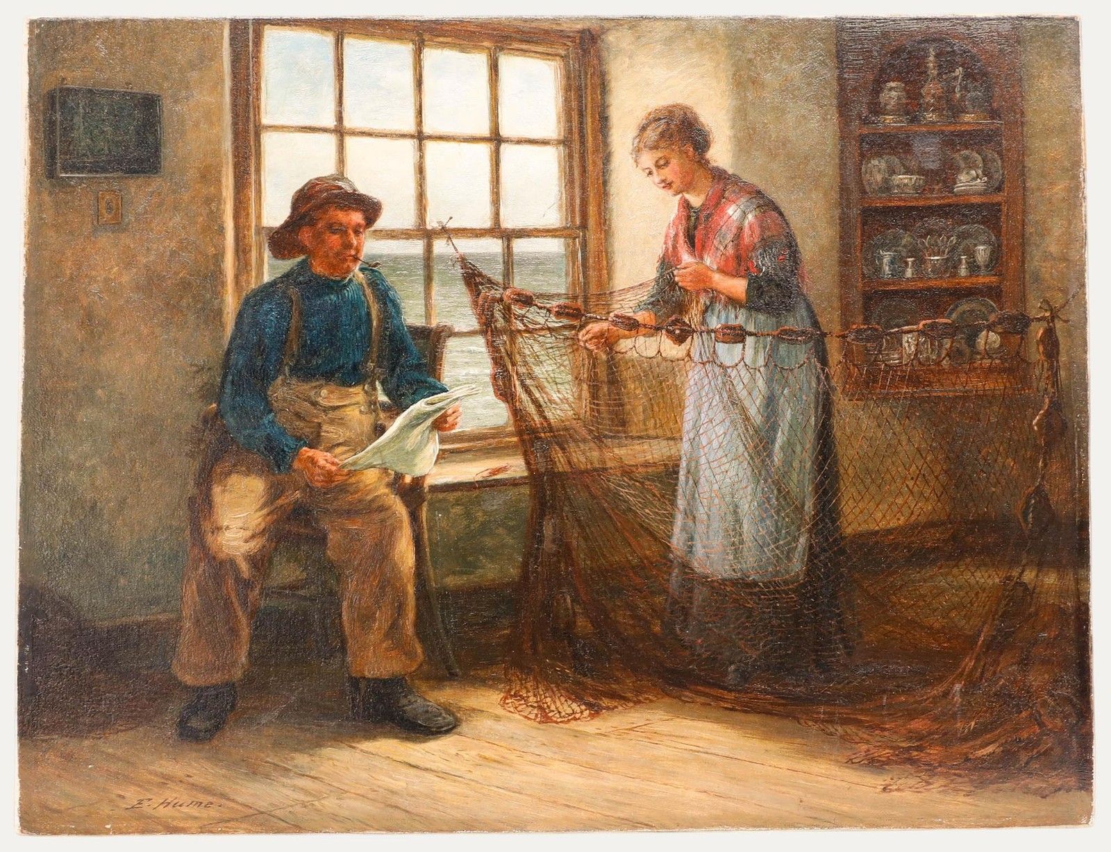 Edith Hume (1843 1906) 19th Century Oil, Mending Nets