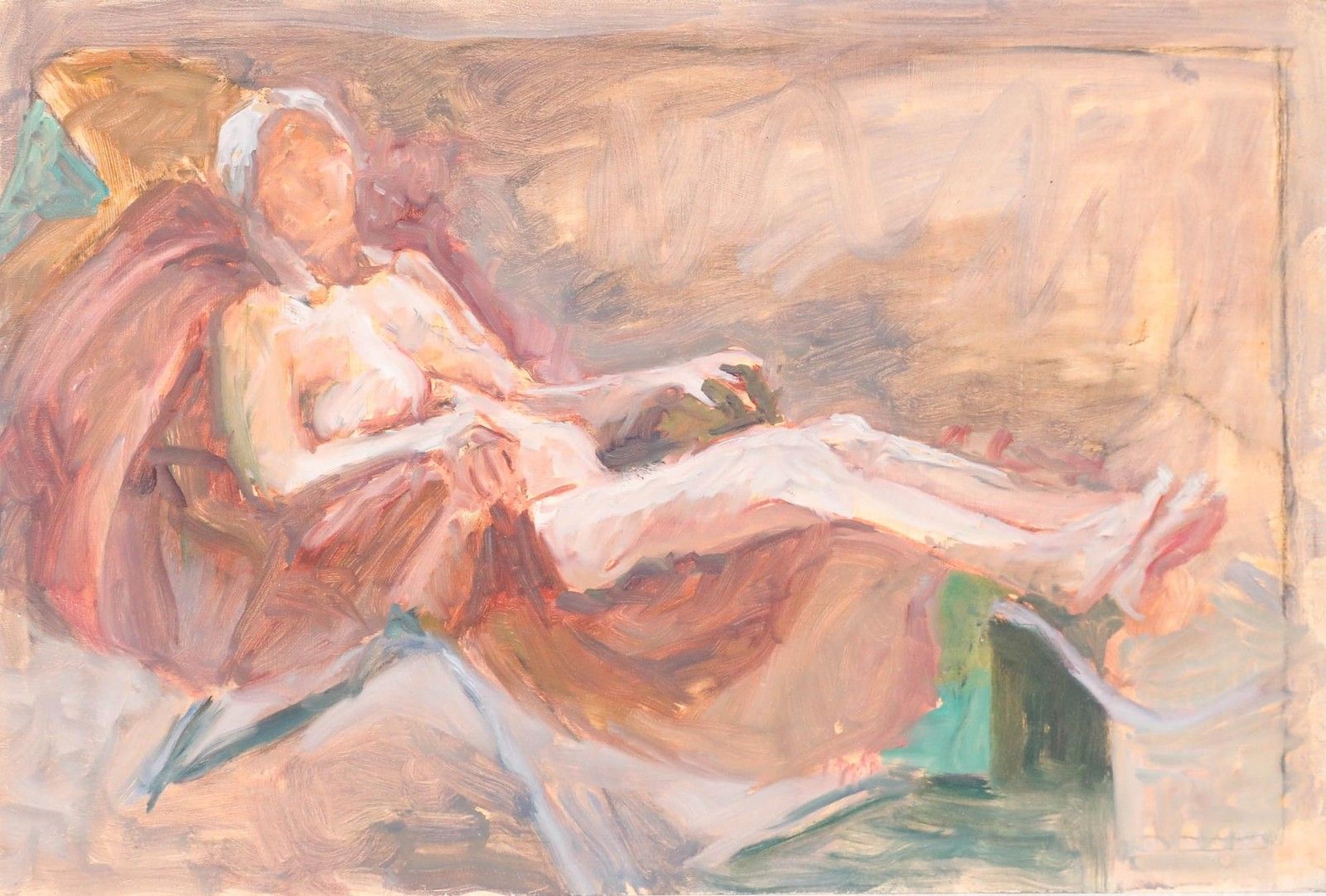 Pauline Plummer (B.1933) 20th Century Oil, Reclining Nude On Maroon Chair photo furniture