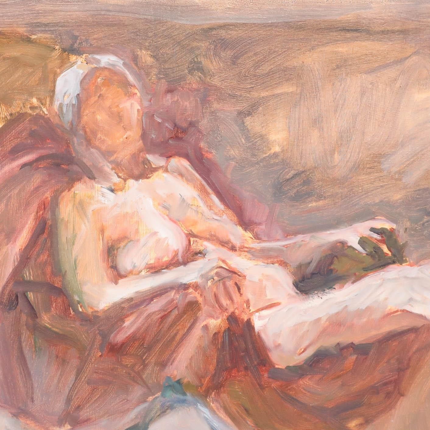 Pauline Plummer (B.1933) 20th Century Oil, Reclining Nude On Maroon Chair photo Art