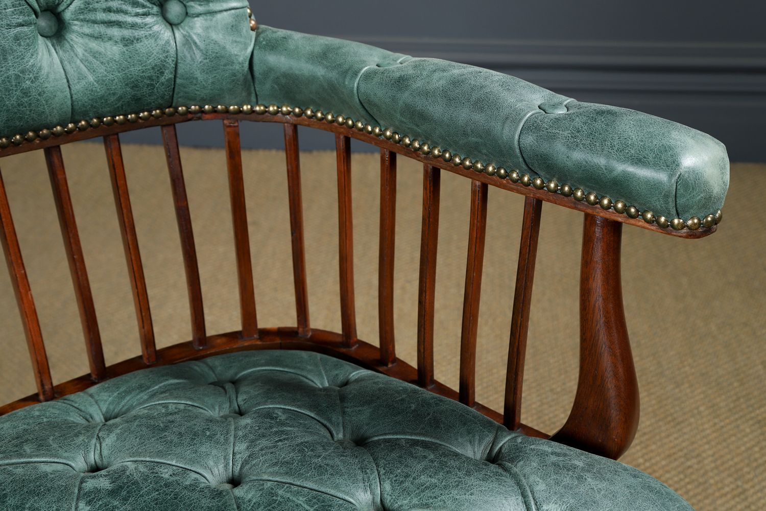 English Victorian Mahogany & Distressed Green Leather Revolving Office Desk Chair (Circa 1880) photo for sale