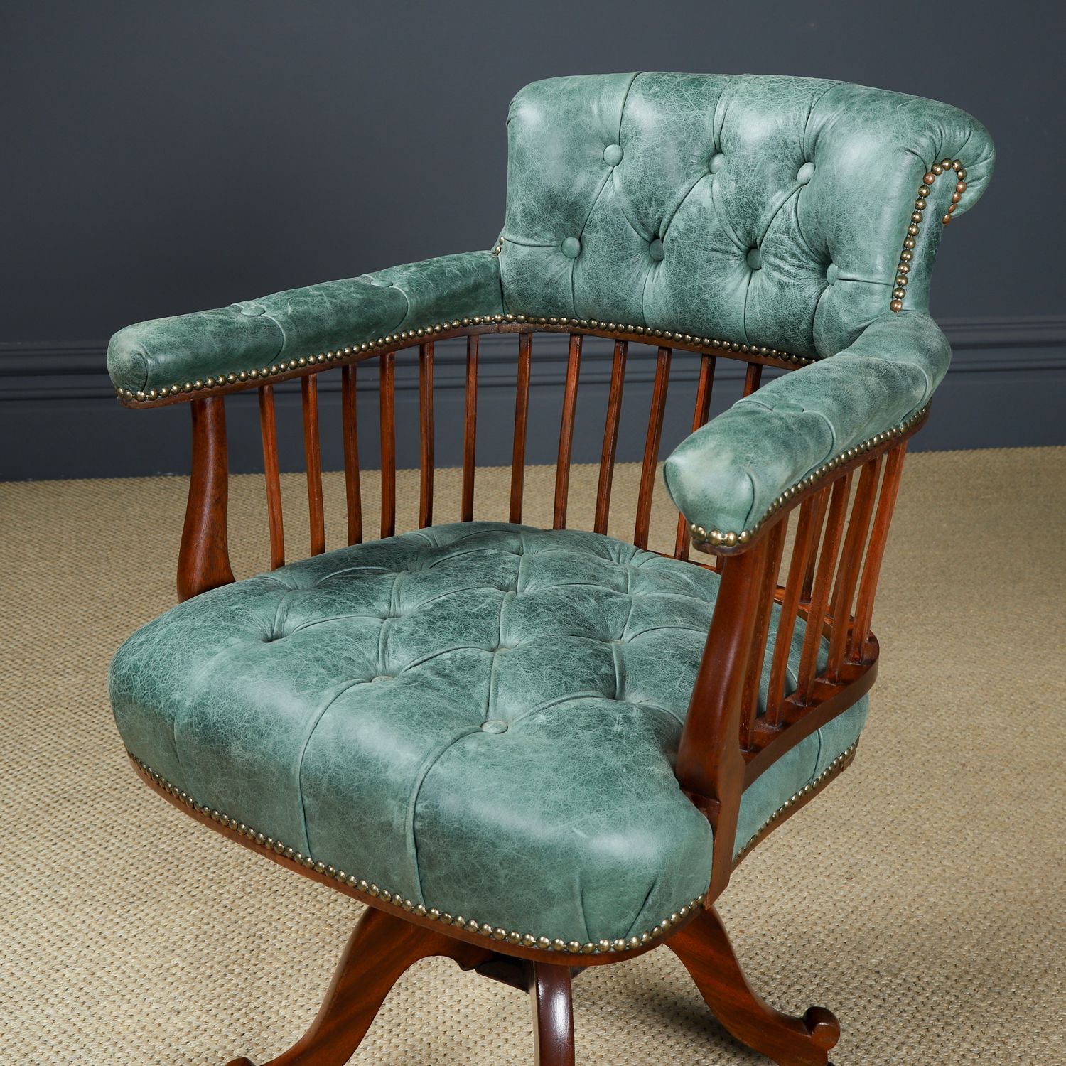 photo furniture English Victorian Mahogany & Distressed Green Leather Revolving Office Desk Chair (Circa 1880)