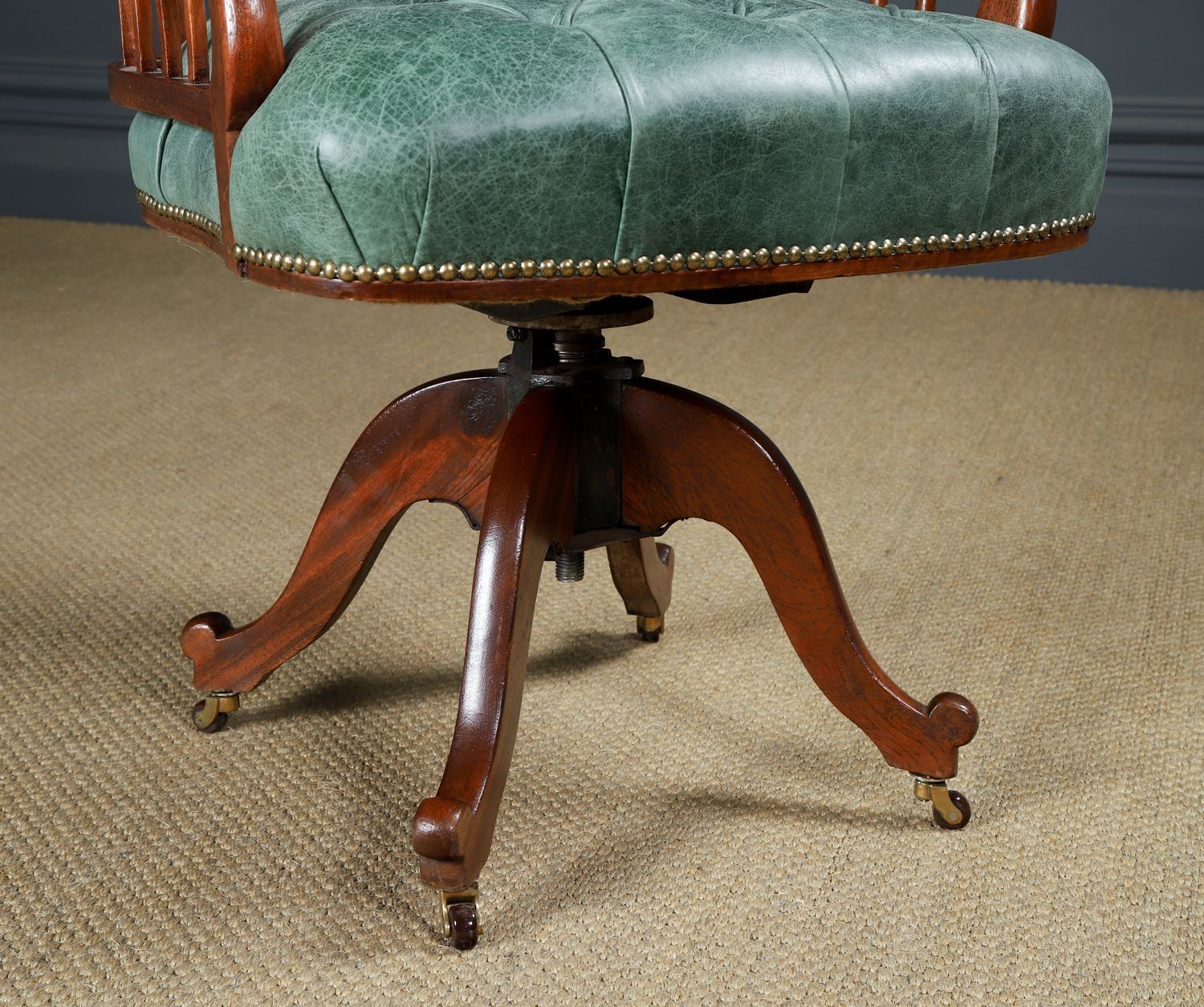 English Victorian Mahogany & Distressed Green Leather Revolving Office Desk Chair (Circa 1880) photo vinterior