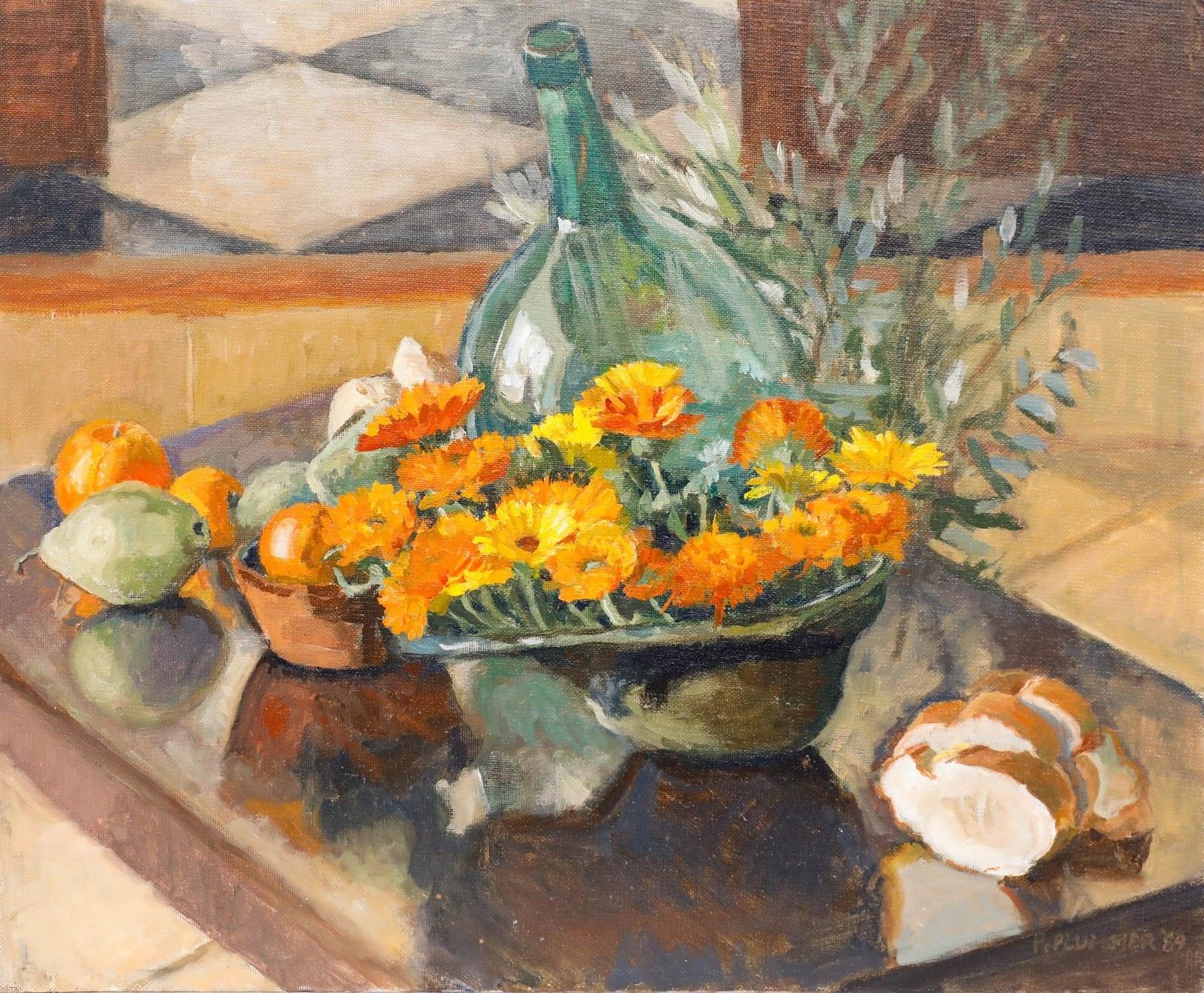 Pauline Plummer (B.1933) 1989 Oil, Still Life With Gerberas photo furniture