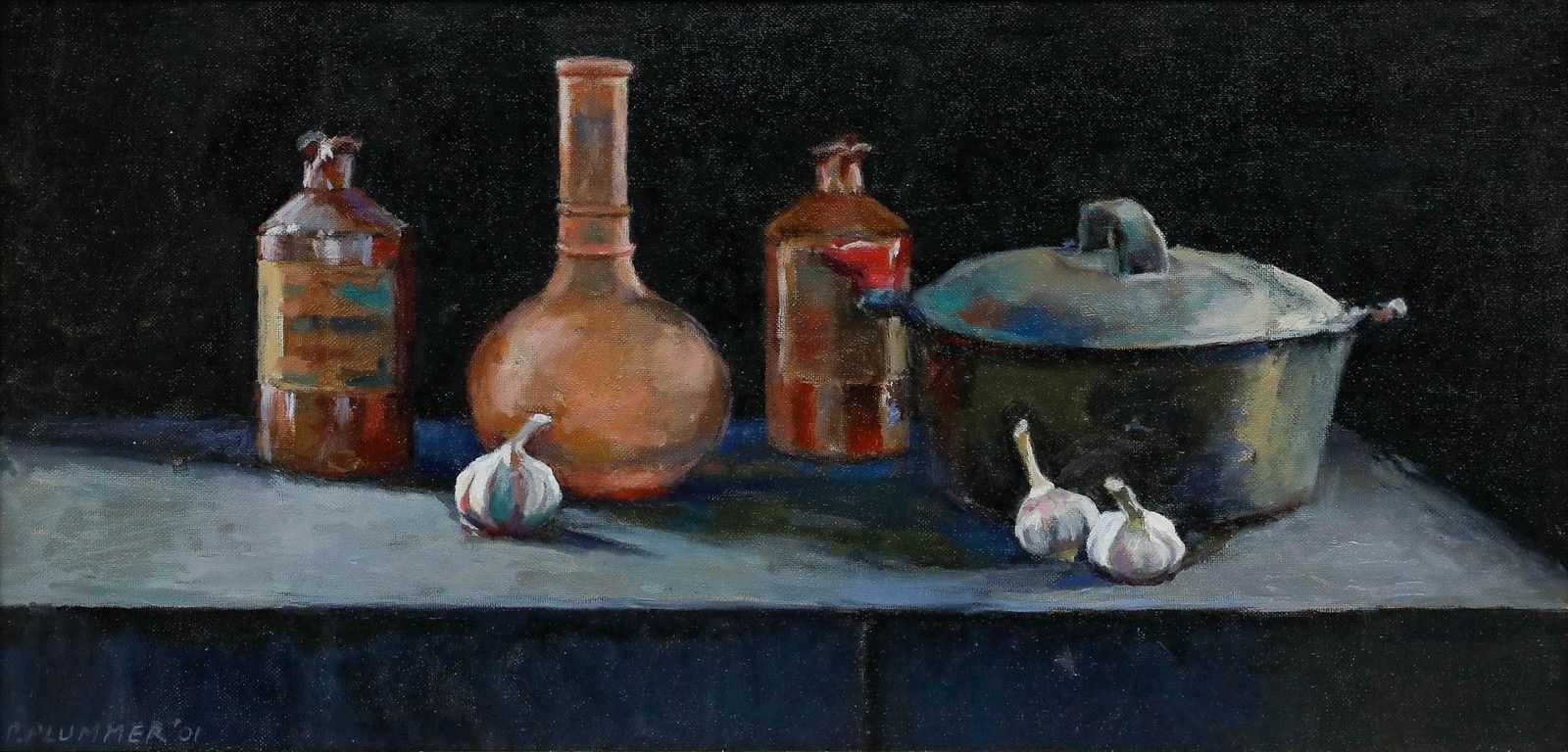 Pauline Plummer (B.1933) Framed Contemporary Oil, Crocks With Garlic photo furniture