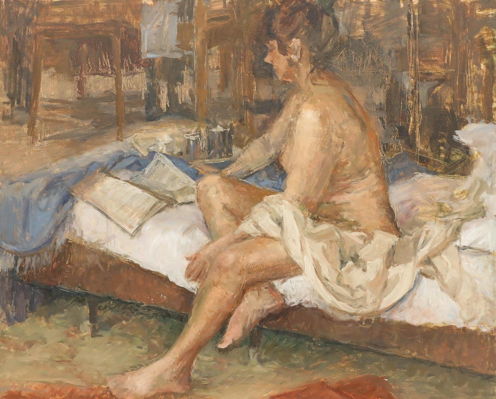 Pauline Plummer (B.1933) 20th Century Oil, Nude Reading photo furniture