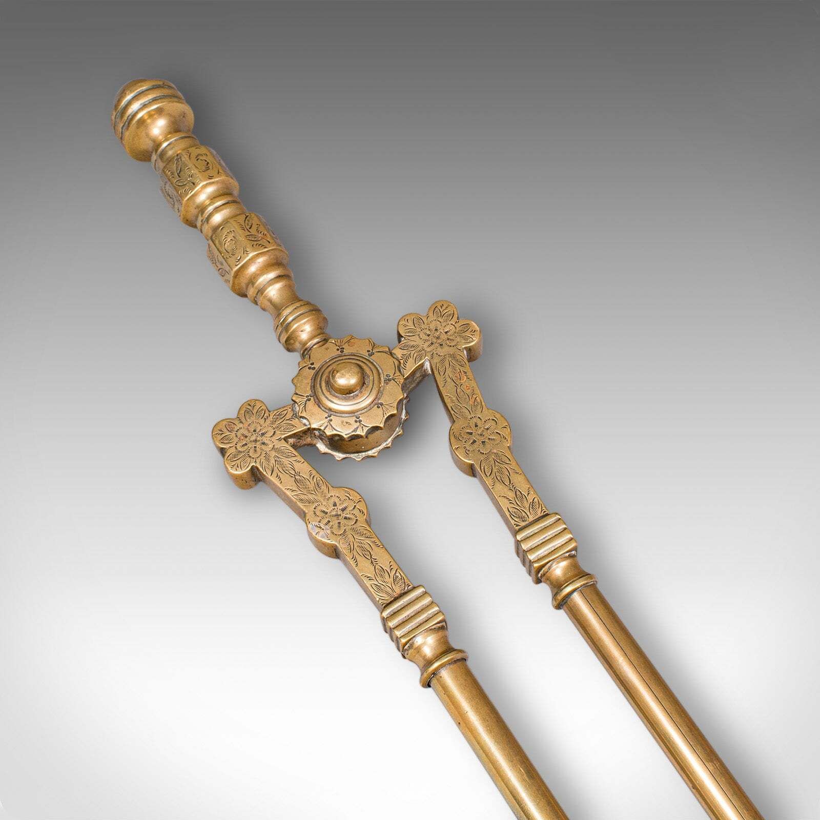 Antique Fire Tool Set, English, Brass, Shovel, Tongs, Poker, Victorian, C.1870 photo vintage