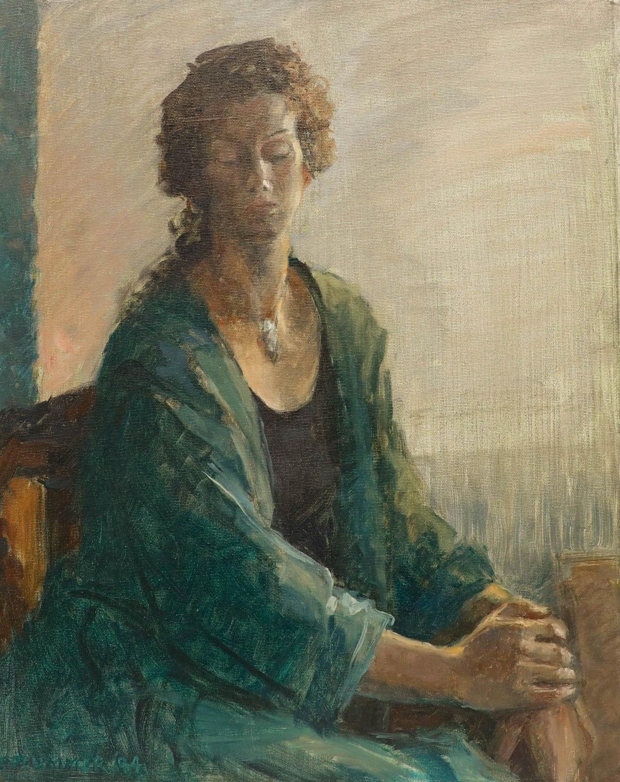 Pauline Plummer (B.1933) 1994 Oil, Zoe In Green photo furniture