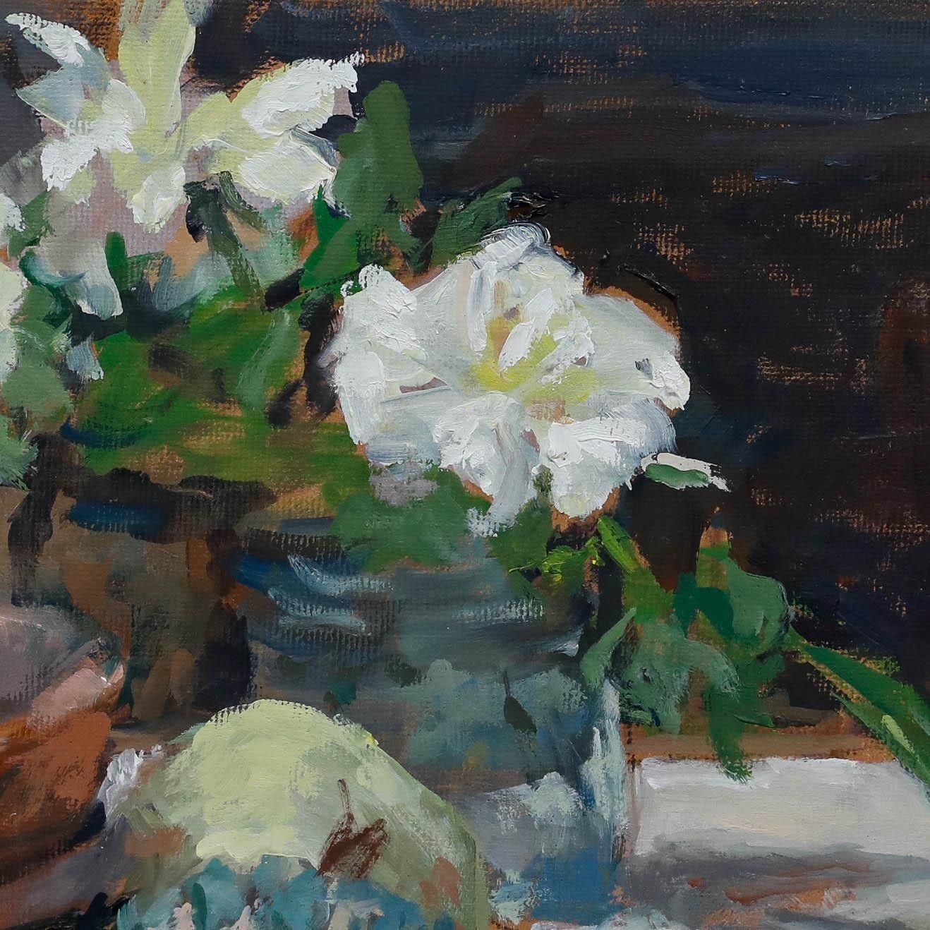 Pauline Plummer (B.1933) Contemporary Oil, Fruit Bowl & White Flowers photo Art