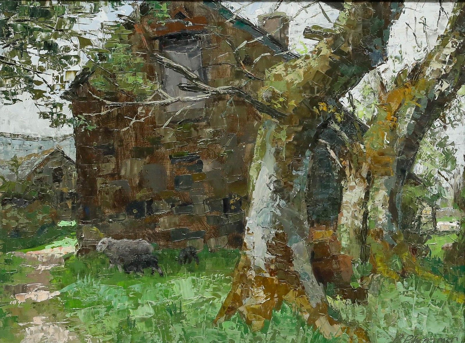 Pauline Plummer (B.1933) Contemporary Oil, Sheep By The Barn photo furniture