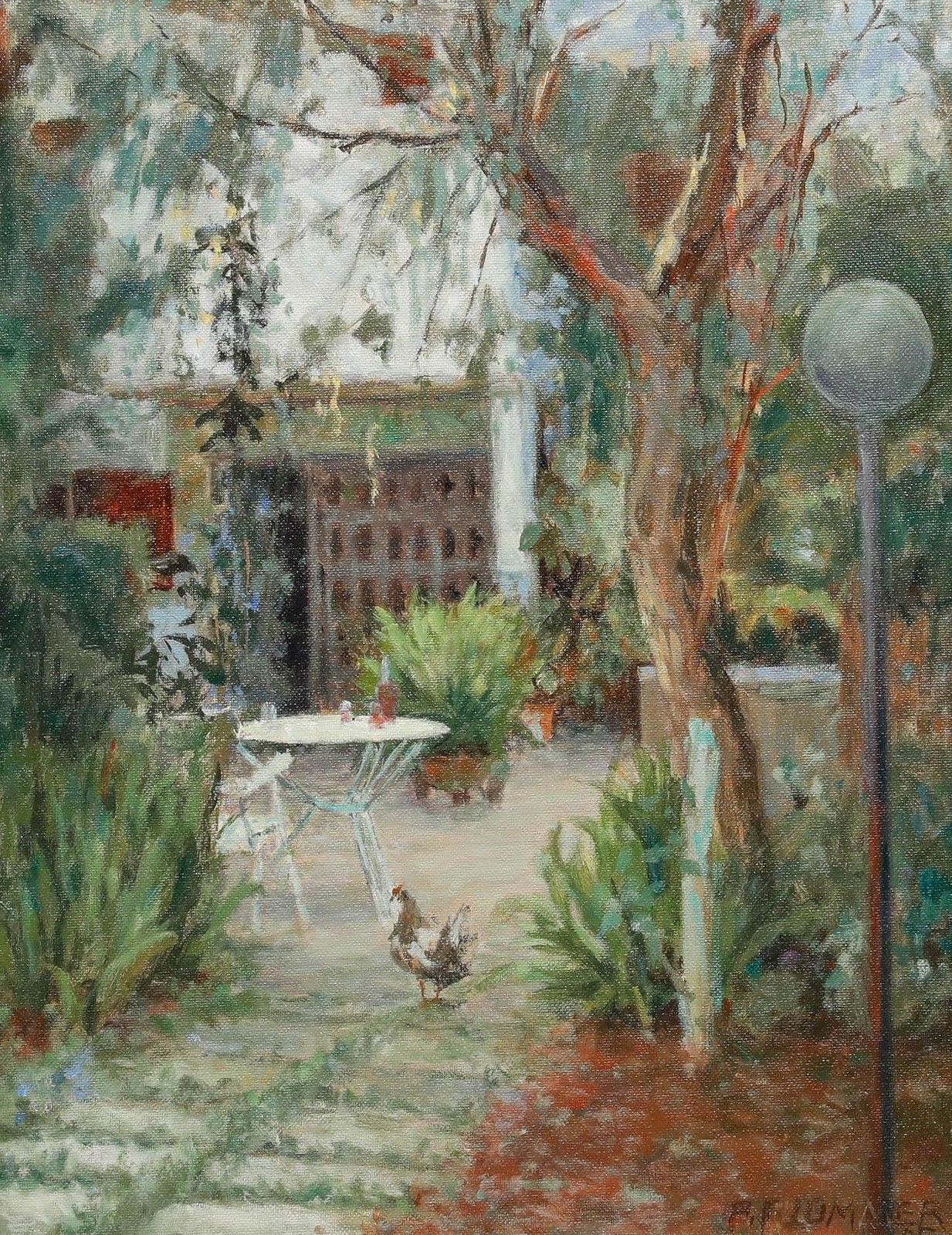 Pauline Plummer (B.1933) 20th Century Oil, Mallorcan Courtyard photo furniture