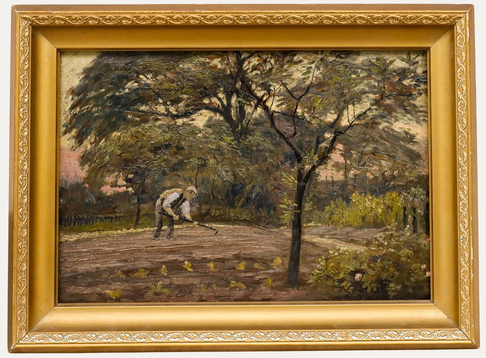 Framed Mid 20th Century Oil Raking In The Seeds