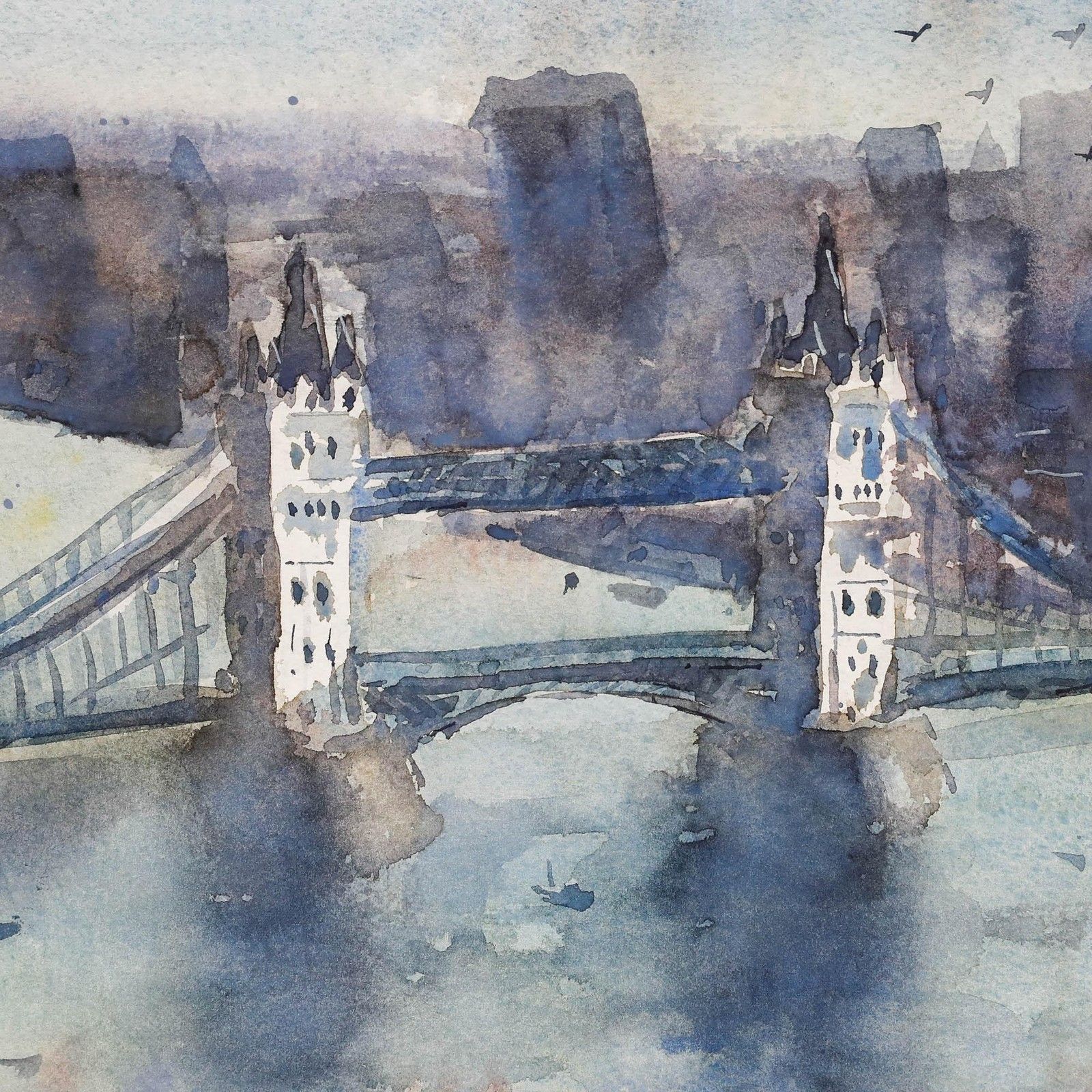Daniel Nichols Contemporary Watercolour, Aerial View Of Tower Bridge photo for sale