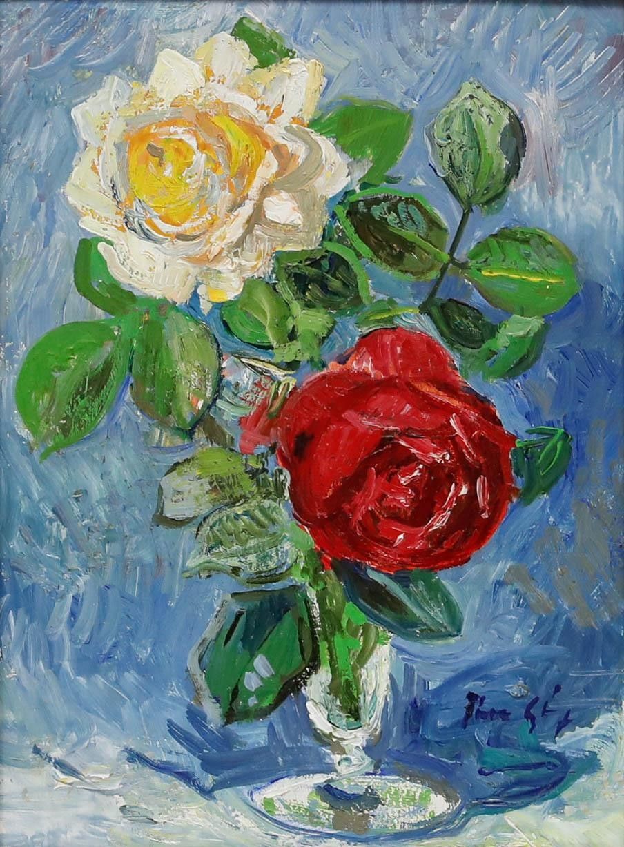 Thomas Rauer Framed Mid 20th Century Oil, Roses In A Glass Vase photo furniture