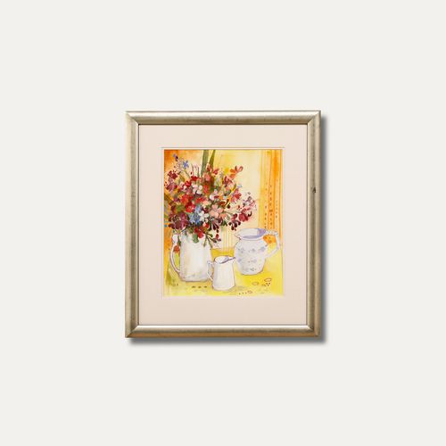 Nola Armstrong 20th Century Watercolour, Jug Of Wildflowers photo vintage