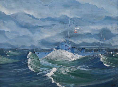 French School  1943 Gouache Torpedo Boat In The Storm photo furniture