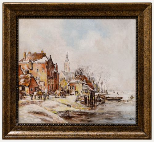 Adrie Van Bruggen Framed 20th Century Oil, Dutch Town In Winter