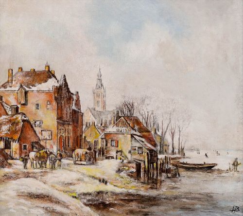Adrie Van Bruggen Framed 20th Century Oil, Dutch Town In Winter photo furniture