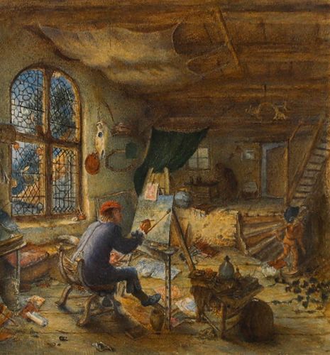 After Adriaen Van Ostade 19th Century Watercolour, The Painter In His Studio photo furniture