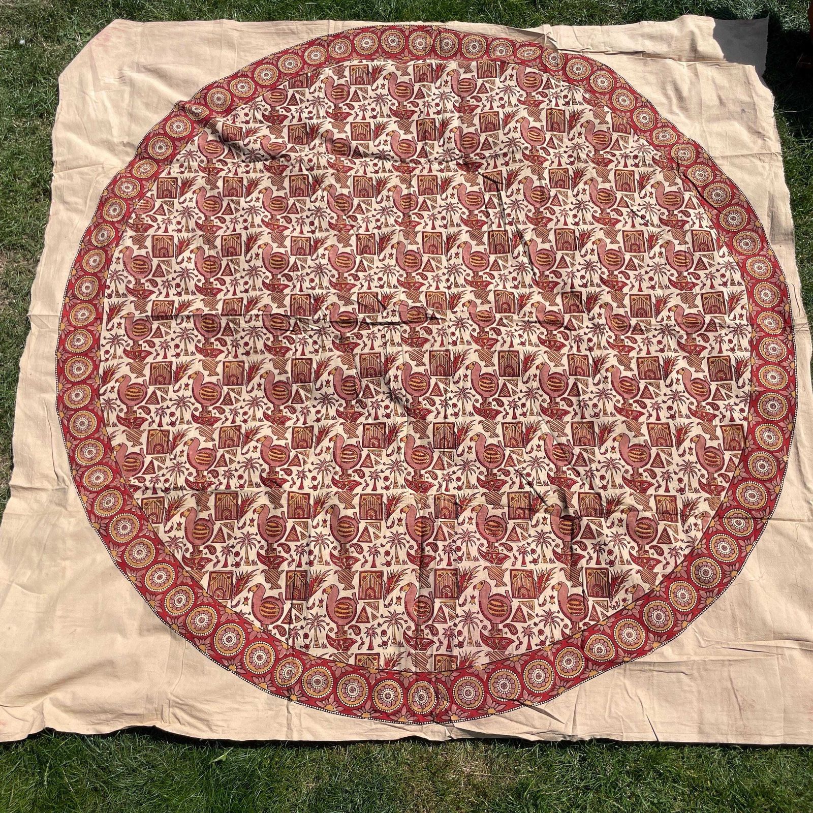 Hand Printed Indian Fabric 167x163cm Dodo Bird Pattern Block Pink Red Tapestry Cotton Handmade Craft Round Making Traditional Cloth India