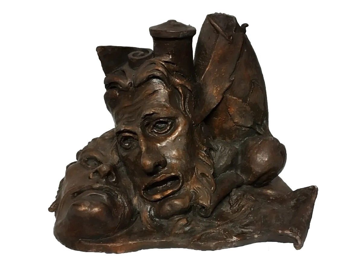 Large Terracotta Sculpture Painted Bronze 50s 2 Faces Flower Pot