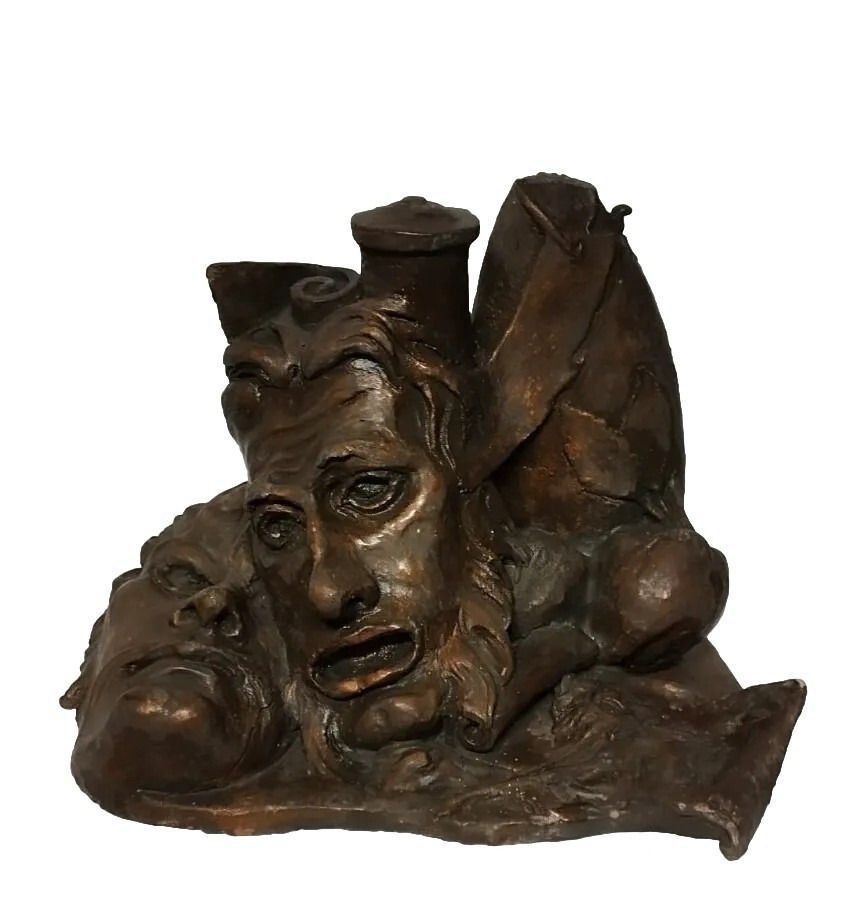 Large Terracotta Sculpture Painted Bronze 50s 2 Faces Flower Pot photo furniture