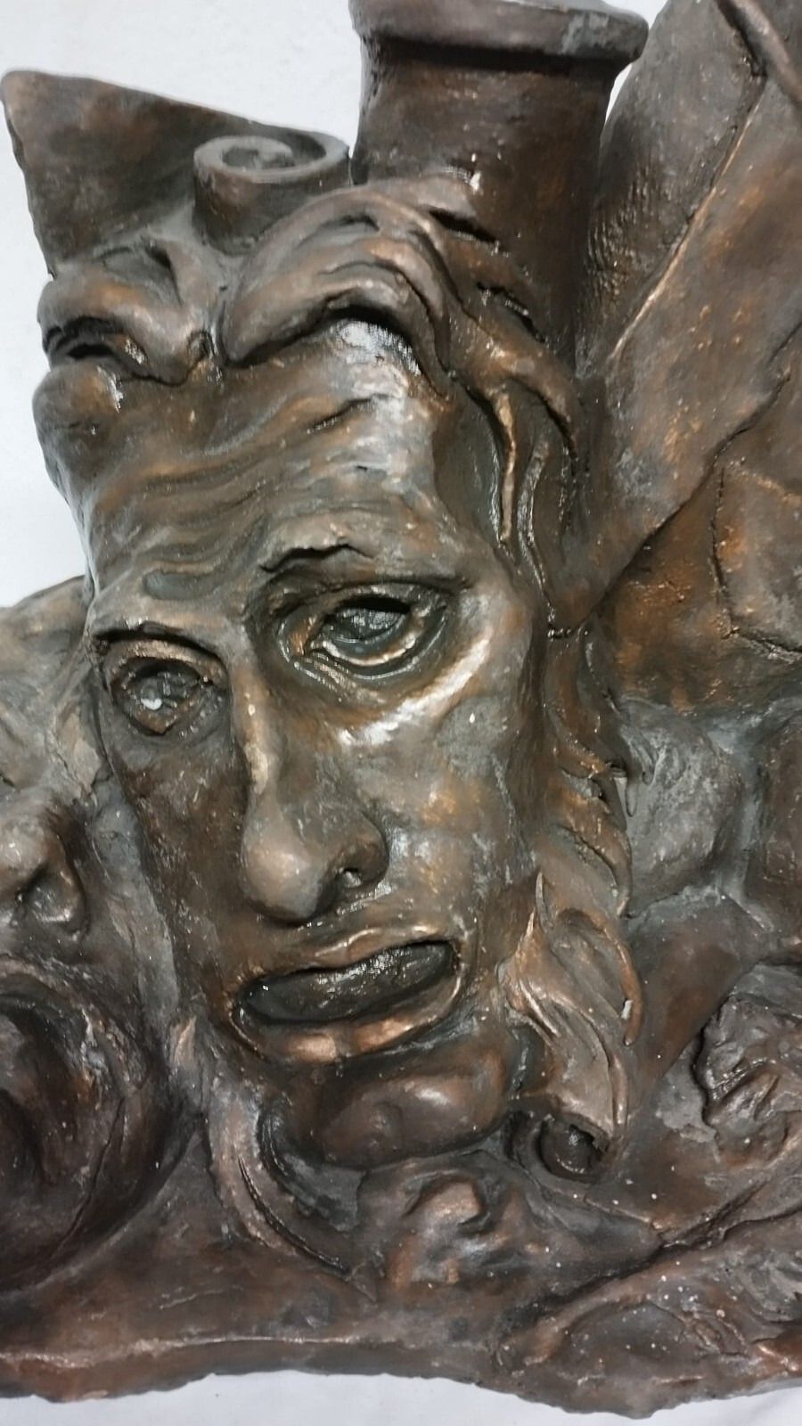 photo for sale Large Terracotta Sculpture Painted Bronze 50s 2 Faces Flower Pot
