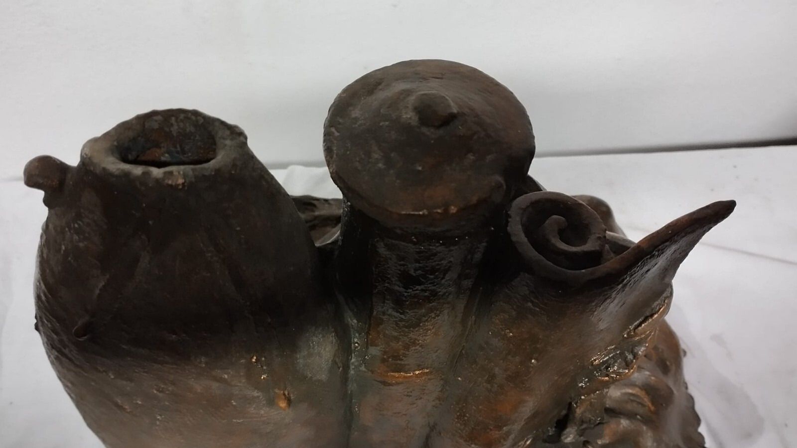 219.0 Large Terracotta Sculpture Painted Bronze 50s 2 Faces Flower Pot photo