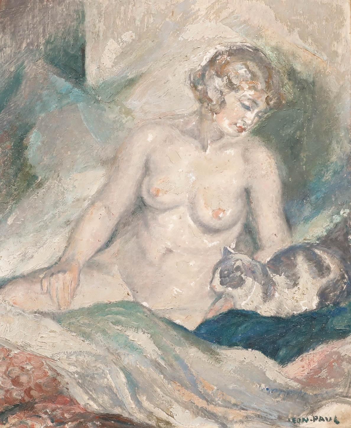 Leon Eugene Paul (1889 1953) Early 20th Century Oil, Female Nude With A Cat photo furniture