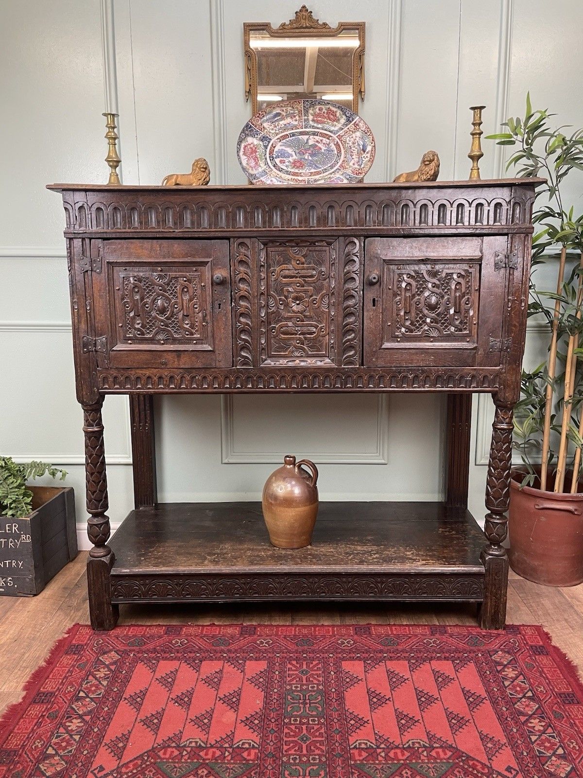 Stunning Antique 17th Century Highly Carved Oak Livery Cupboard, Buffet