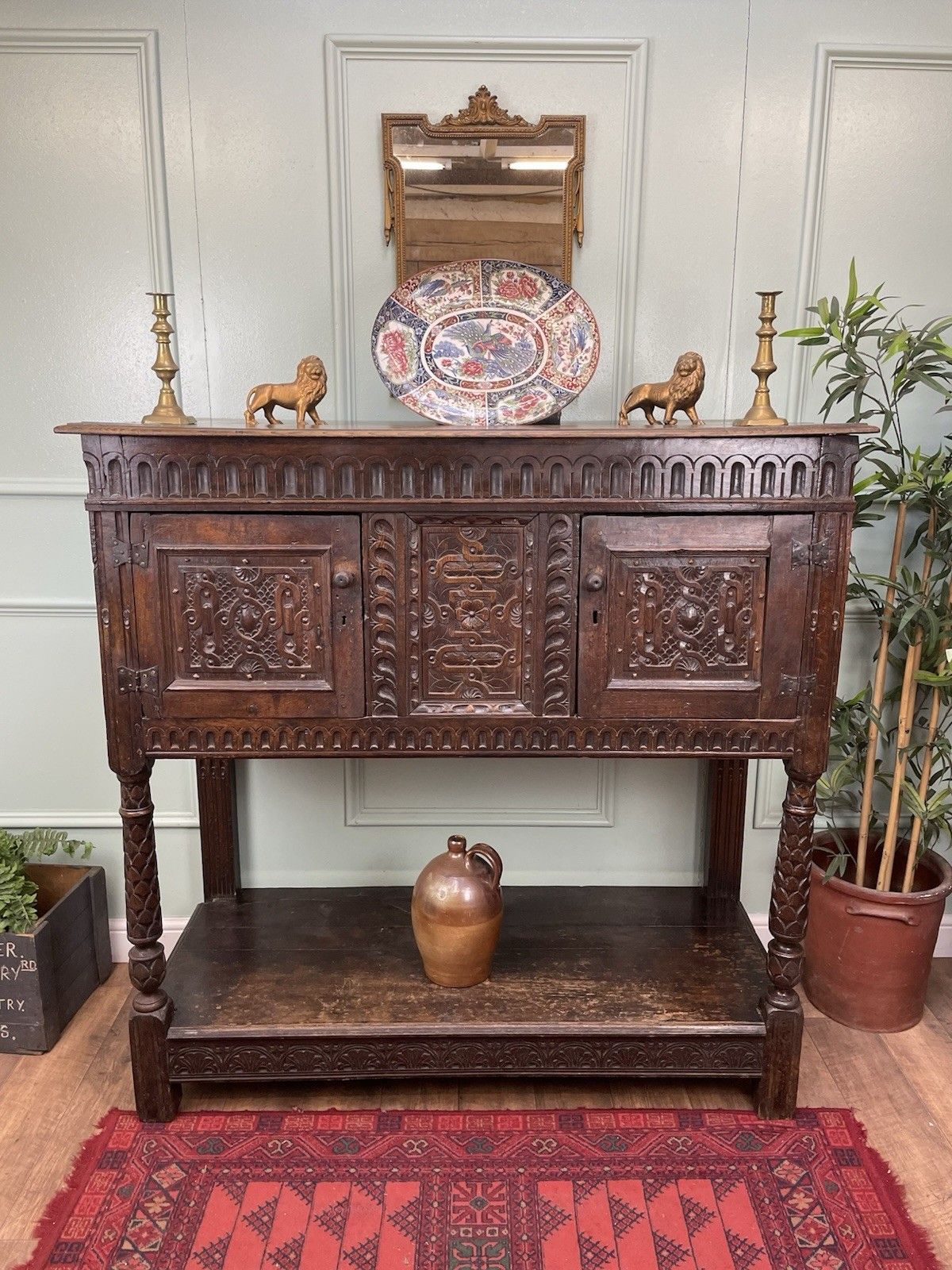 Stunning Antique 17th Century Highly Carved Oak Livery Cupboard, Buffet photo furniture