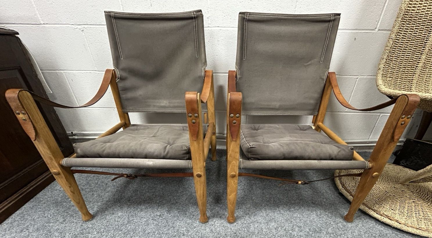 Pair Original Safari Chairs Kaare Klint Grey Canvas Ash Frame Danish Mid Century