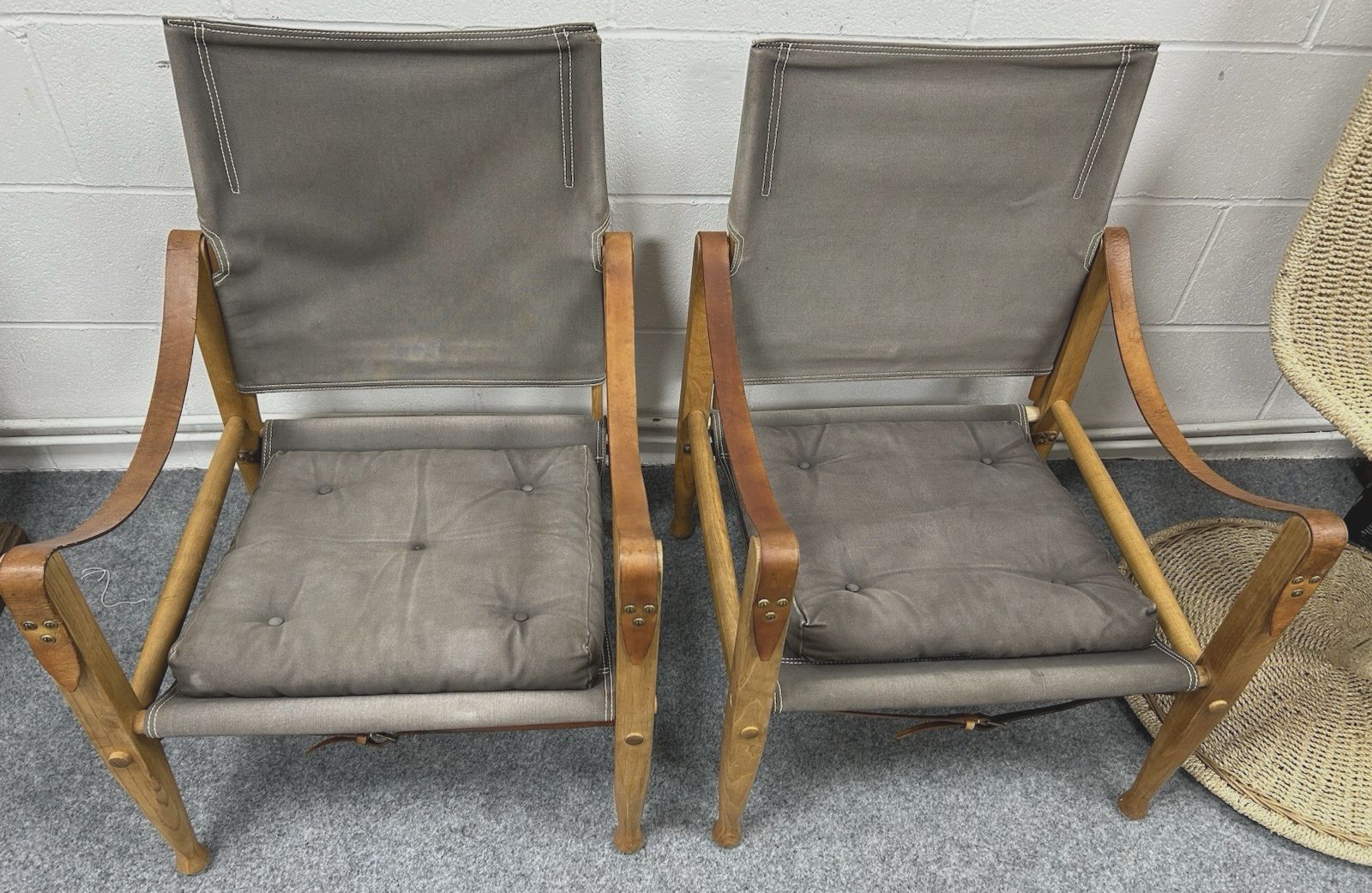 Pair Original Safari Chairs Kaare Klint Grey Canvas Ash Frame Danish Mid Century photo for sale